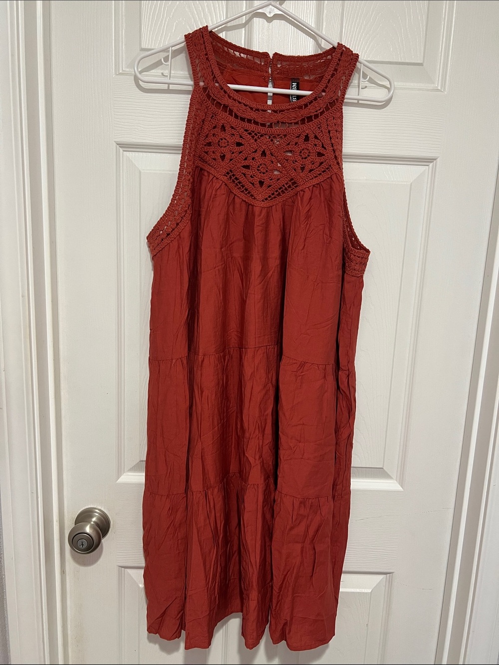 Stunning Sleeveless Crochet Yoke Midi Dress in Burnt Orange
